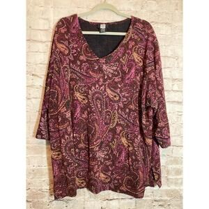 Studio 1940 Top Womens 30/32‎ Acetate Slinky Stretch Plum Purple Paisley Plus